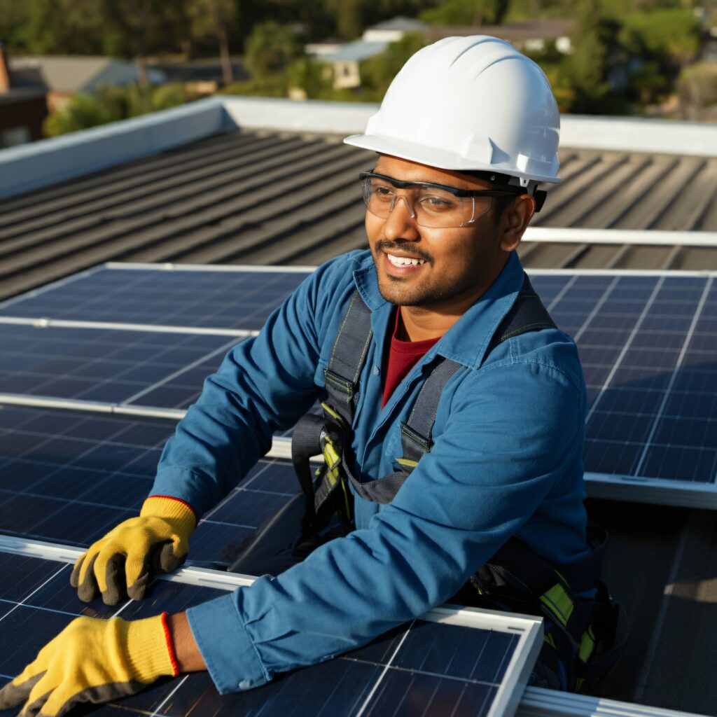Technician installing solar panels on a rooftop